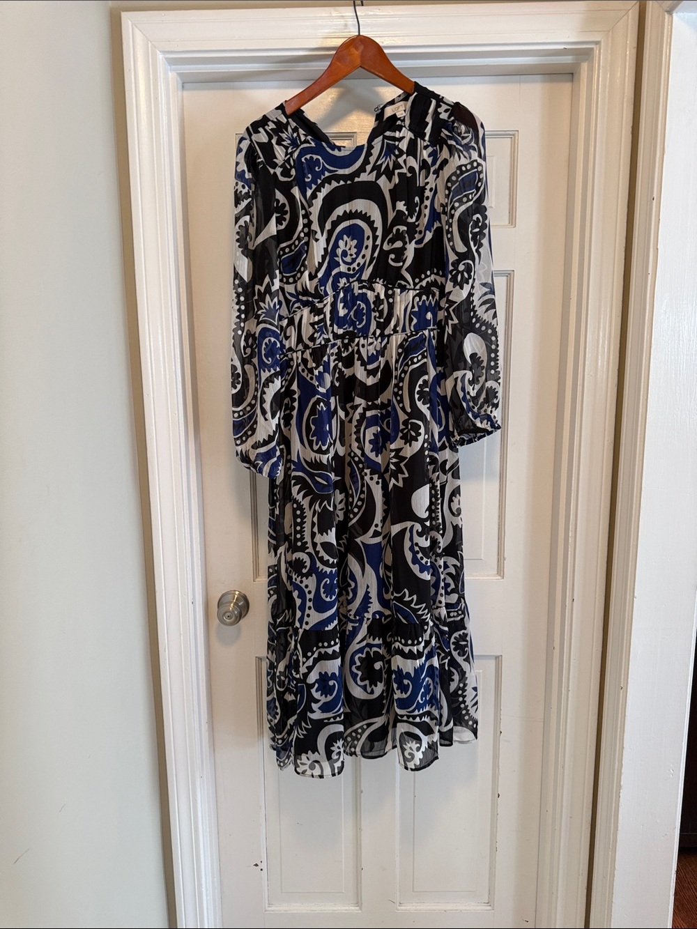 LOFT Blue, Black and White Paisley Long Sleeve Tie-Waist Dress